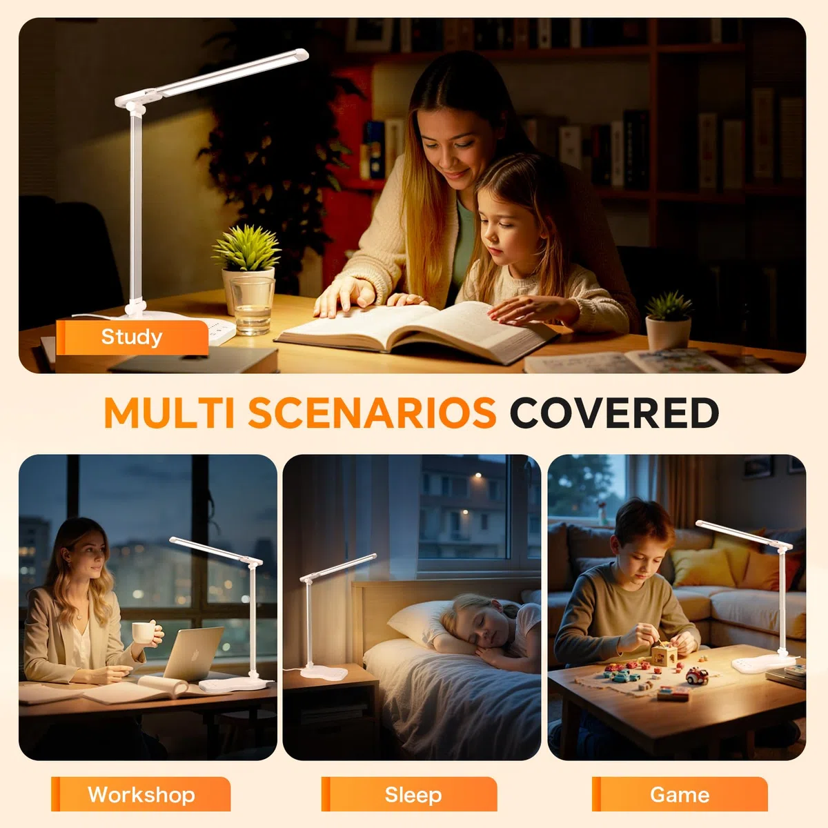 Caldarax Lampada da Scrivania LED, Lampada da Tavolo, 5 Colori e 10 Livelli di Luminosità, Porta USB/Timer/Tocca Controllo, Lampade da Comodino Pieghevole per Lettura, Lavoro, Studiare(Bianco)