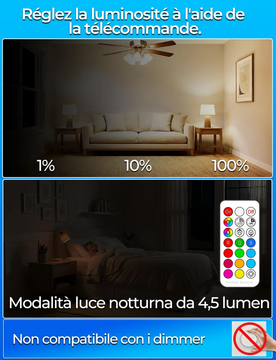 iLC Lampadina Colorata LED, Equivalente 40W, E27 12 Colore RGB 5 Watt Bianco Caldo (2700K) Edison Telecomando (Confezione da 4)