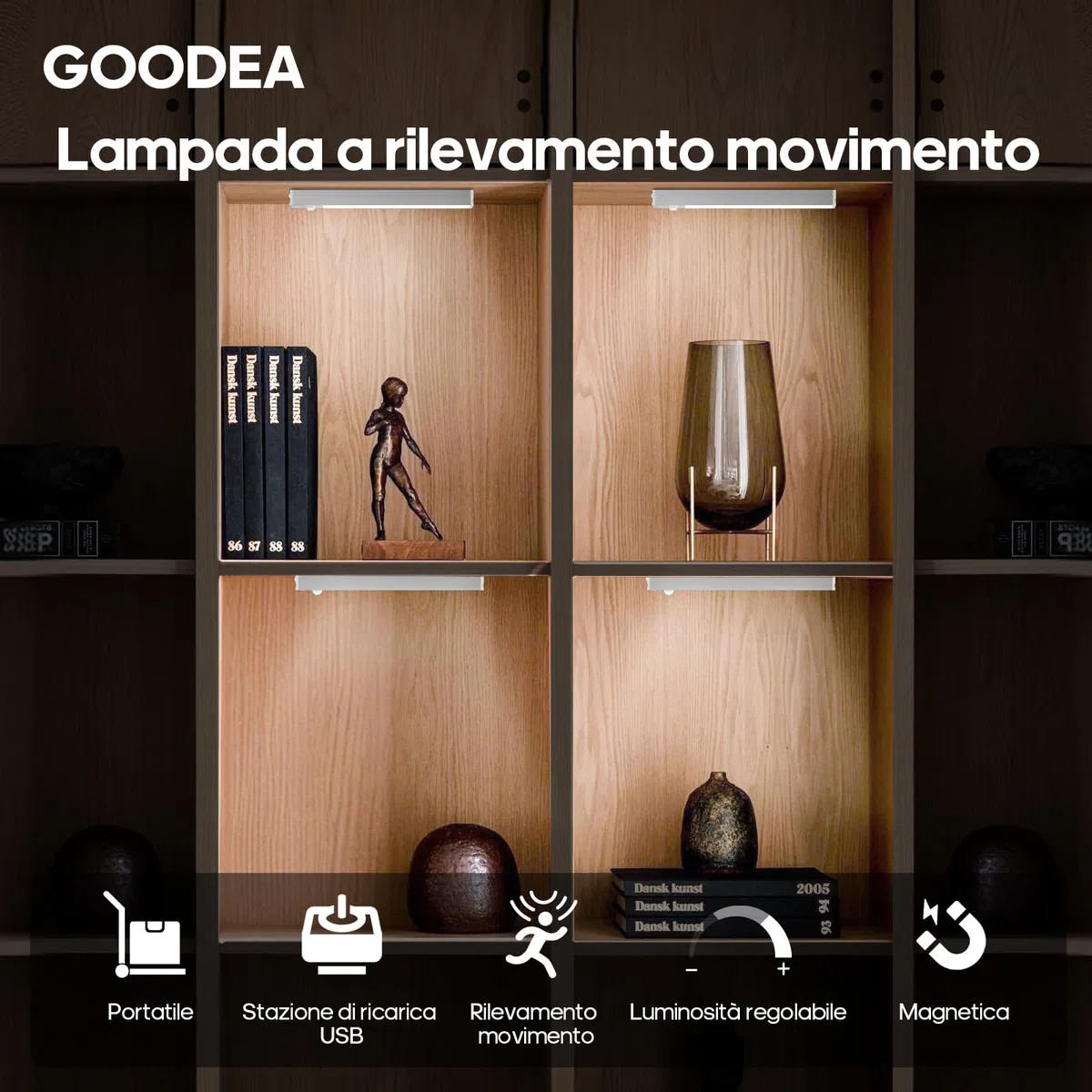 GOODEA Alluminio 6 Dimming Luce Armadio LED Ricaricabile 18cm Senza Fili con Stazione di Carica Barra LED Luce Armadio con Sensore di Movimento luce notturna per Armadio da Lingerie