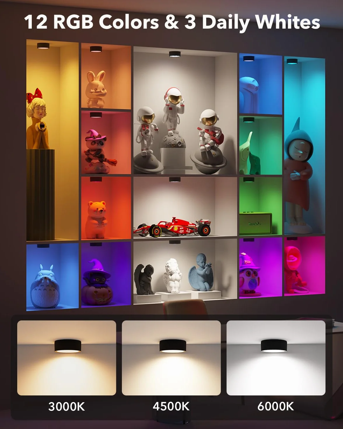 Faretti LED RGB a Batteria Ricaricabili USB, Nero 2400mAh Luce Vetrina Senza Fili a pile Luci Armadio con Telecomando e Pulsante Luce Cucina Sottopensile Colorata Lampada Notturna Adesiva Touch