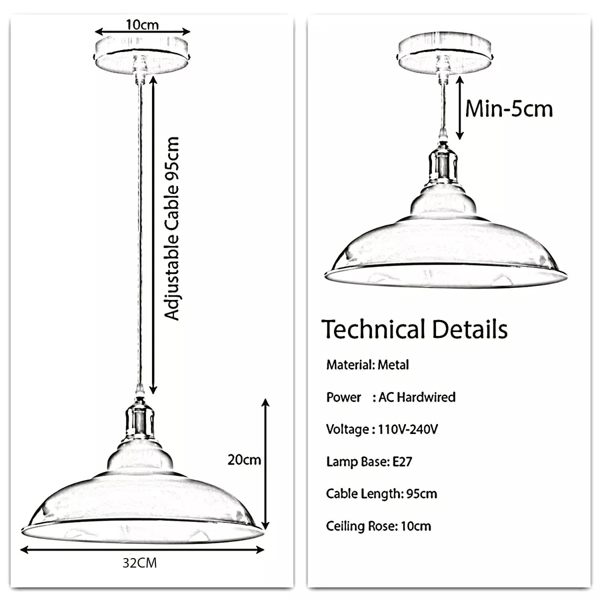 LEDSone Lampada a sospensione retrò E27 32 cm, lampada da soffitto in metallo, stile vintage, cavo regolabile - Faretto bianco per cucina, sala da pranzo, bar, caffetteria, ufficio (Verde)
