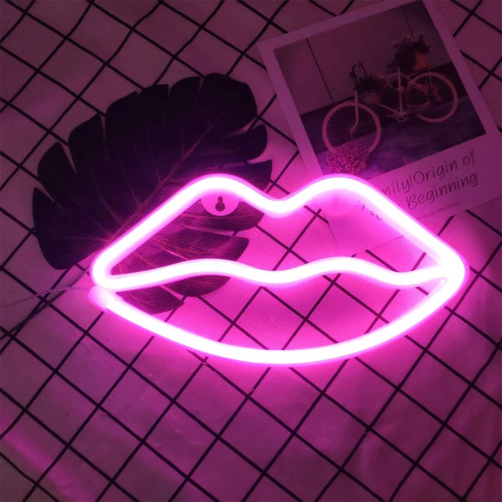 ENUOLI Pink Lip Insegne al neon Luce notturna al neon Applique da parete al neon Led Arte decorativa Luci al neon Lampada a led a batteria o USB per la festa di Natale Compleanno Matrimonio