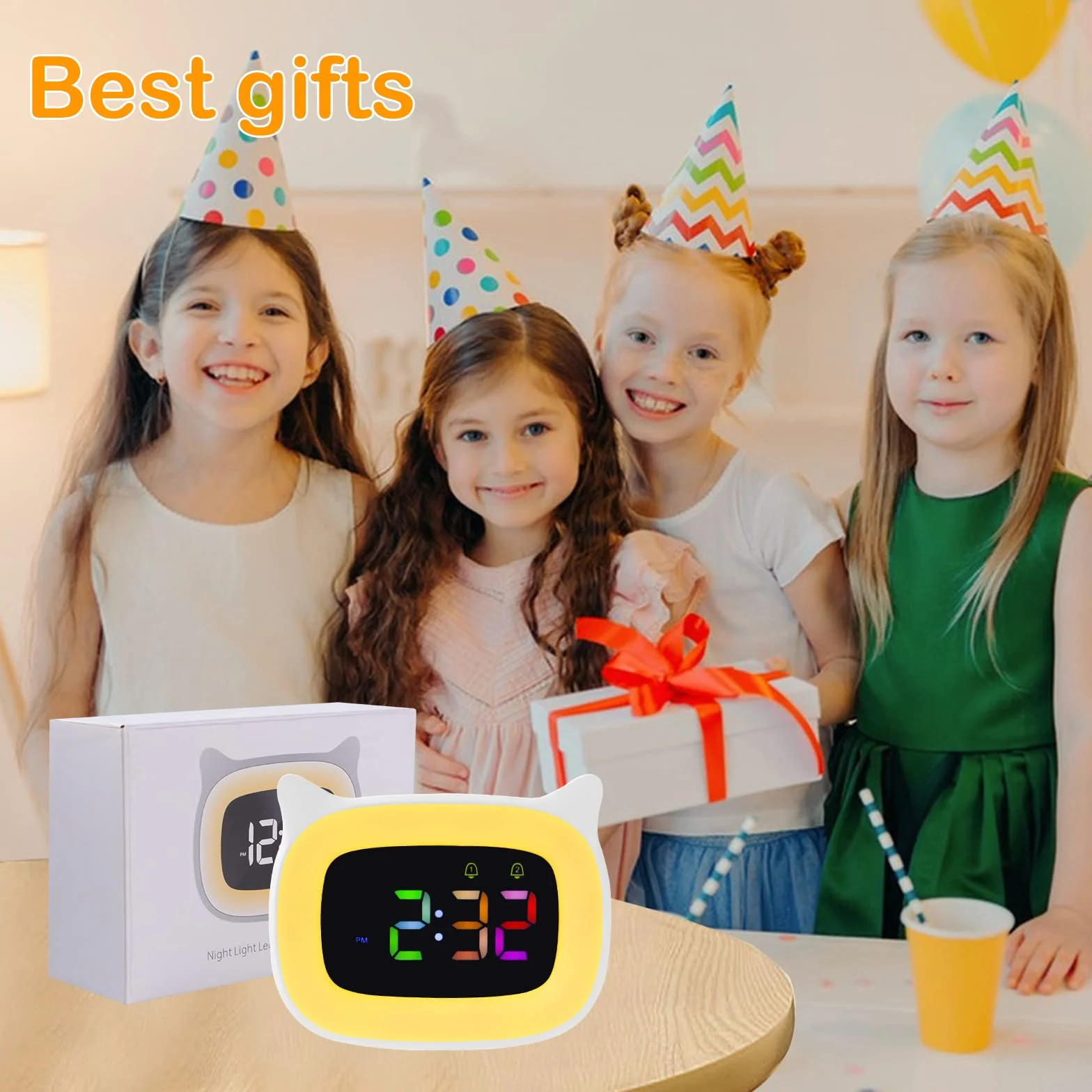 Seutgjie Sveglia Bambini, Sveglia da Comodino Bambini Ricaricabile Intelligente con RGB Luce per Ragazza Ragazzi Adolescenti 18 suonerie doppia sveglia modalità snooze 12/24 ore Bianco