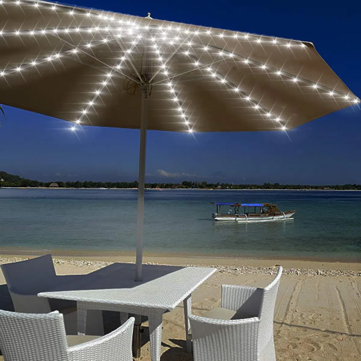 Luci solari per ombrellone da esterno con telecomando, 104 luci a LED impermeabili, 8 modalità dimmerabili, per giardino, terrazza, cortile, piscina (bianco)