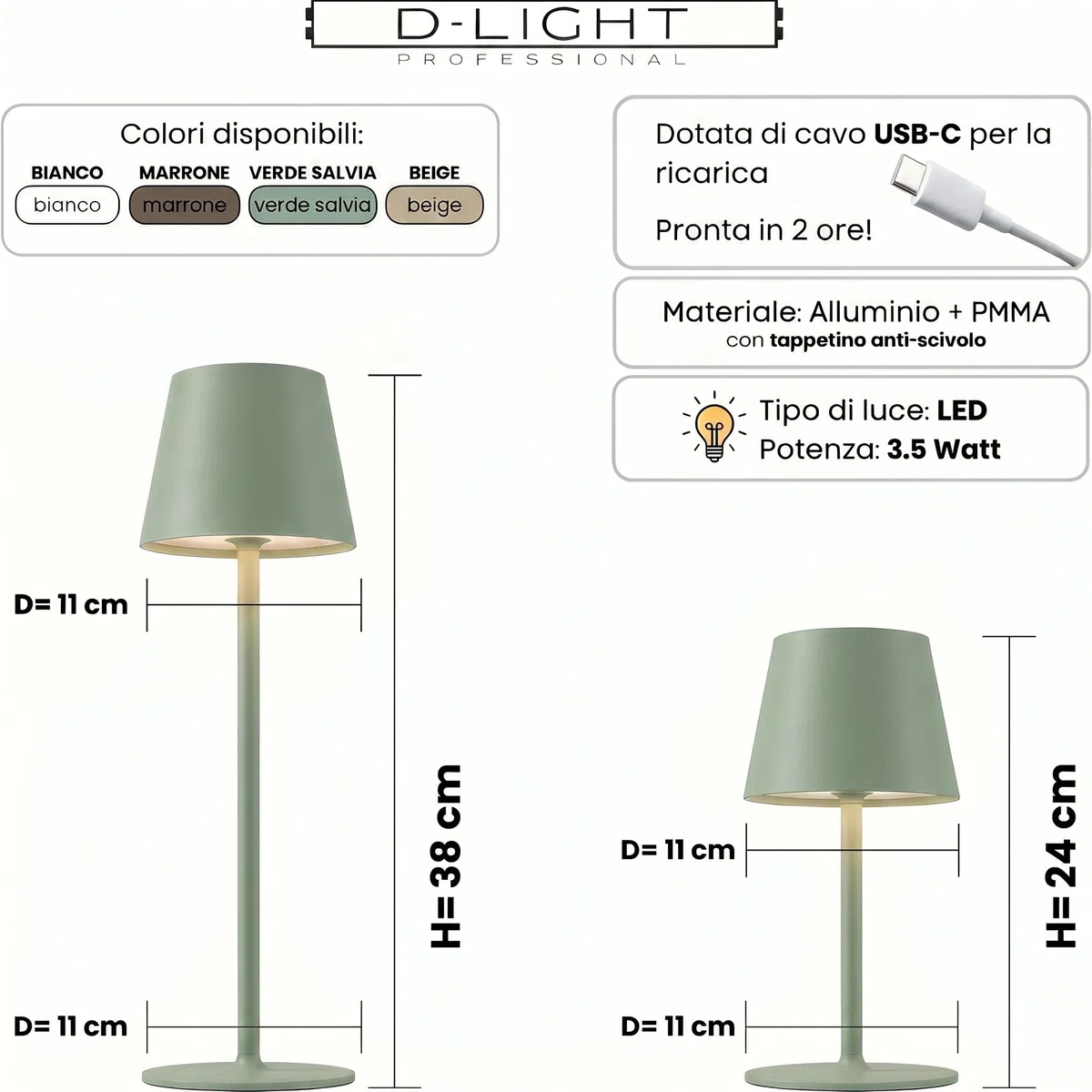 Lampada da Tavolo Senza Fili Ricaricabile con Presa USB, Abat-Jour Regolabile in Altezza con Dimmer Touch e 3 Luci Led Diversa Intensità per Camera, Ufficio, Ristorante - Verde