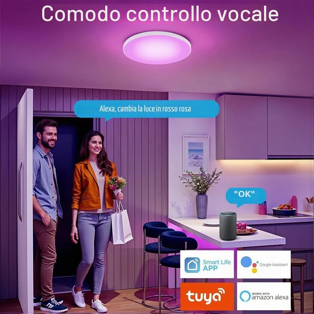 Lampada da Soffitto LED Dimmerabile con Telecomando, 24W RGB Plafoniera LED Colore IP44 Impermeabile, Controllo Intelligente tramite App Alexa Google Home, per Camera, Cucina, Salone, Bagno
