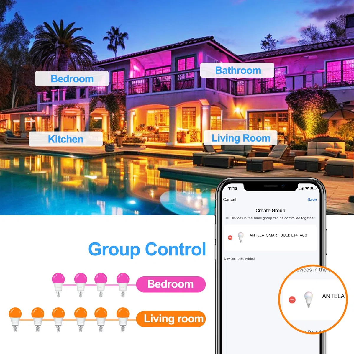 ANTELA Lampadina Wifi Intelligente LED Smart Multicolore, E14, 8W 80W equivalente, Dimmerabile RGB & 2700K-6500K, Compatibile con Alexa e Google Home, Telecomando con APP, 2 pezzi