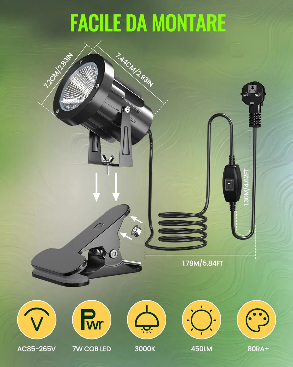 LED Faretto Morsetto a Pinza con Spina, IP65 Resistente all'Acqua Faretto da Interno e Esterno per Pianta, 7W Lampada Spot LED con Interruttore On/Off, Bianco Caldo 3000K, Cavo da 1,78 m
