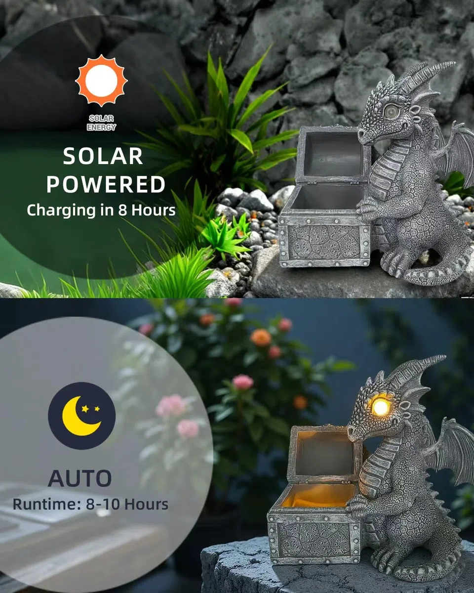 LED solare alimentato draghi apertura tesori scatola luce, lampada di decorazione atmosfera all'aperto, luci di paesaggio drago giardino resina carino.