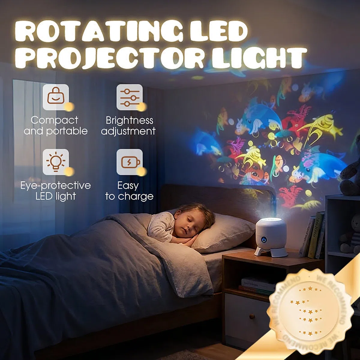 Proiettore di luce LED rotante dinamico per bambini, motivi dinamici fiocchi di neve/Natale/oceano, lampada di proiezione dimmerabile Illuminazione ambientale, Calma e relax (Ocean)
