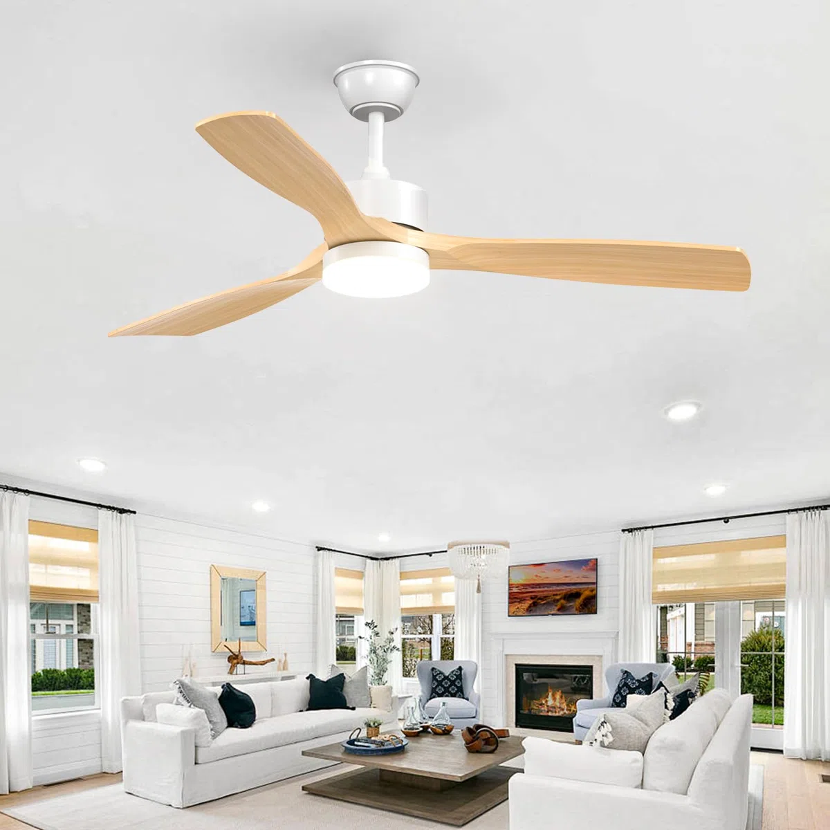 Passky Ventilatore da soffitto con illuminazione e telecomando, ventilatore da soffitto con luce, 3 pale, motore DC, 132 cm, bianco