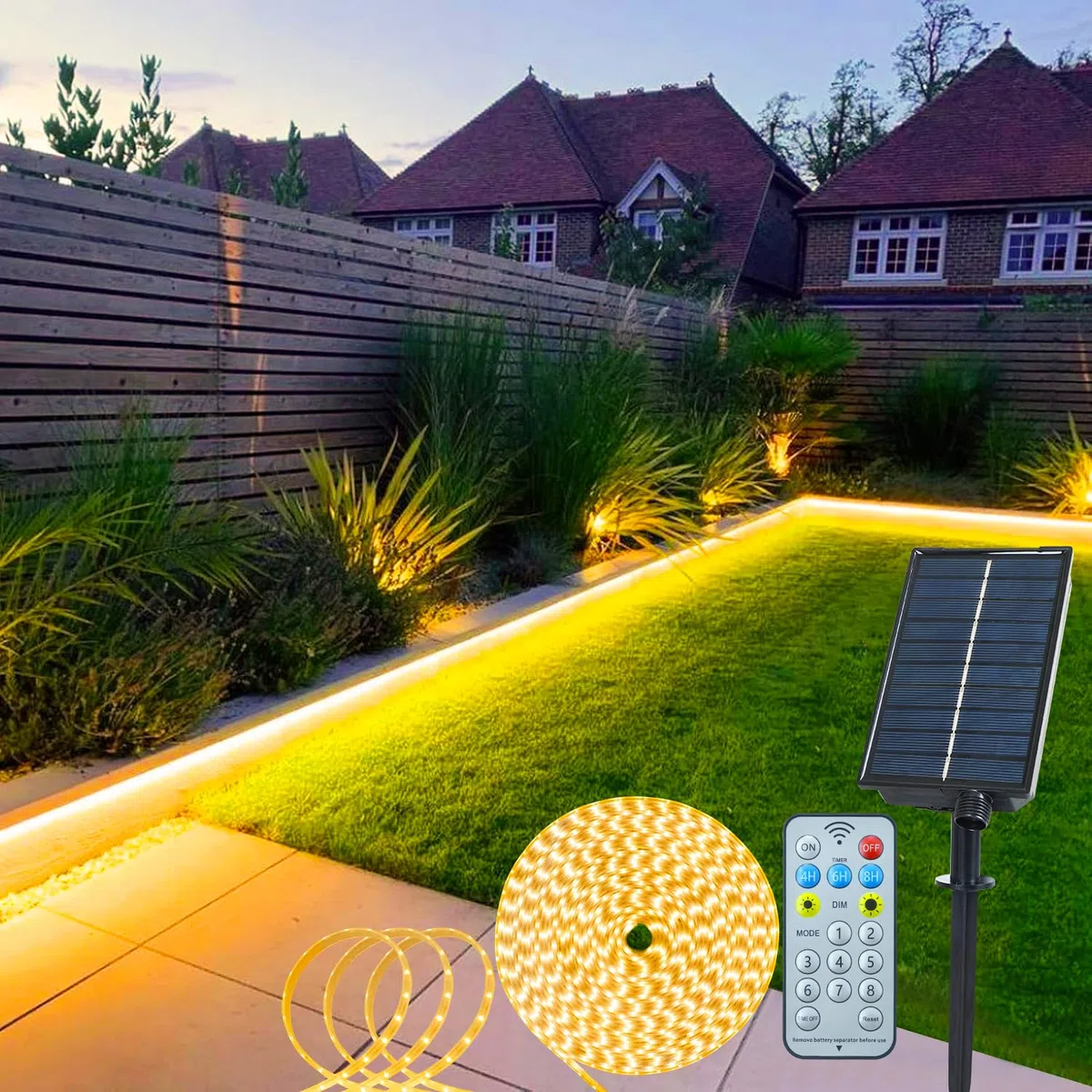 echosari Striscia di Luci LED Solari per Esterni, 5M 320 Luci LED Striscia con Telecomando 8 Modalità Luci Solari da Giardino per Esterni Impermeabile Corda Luminosa per Recinzione Portico Gazebo