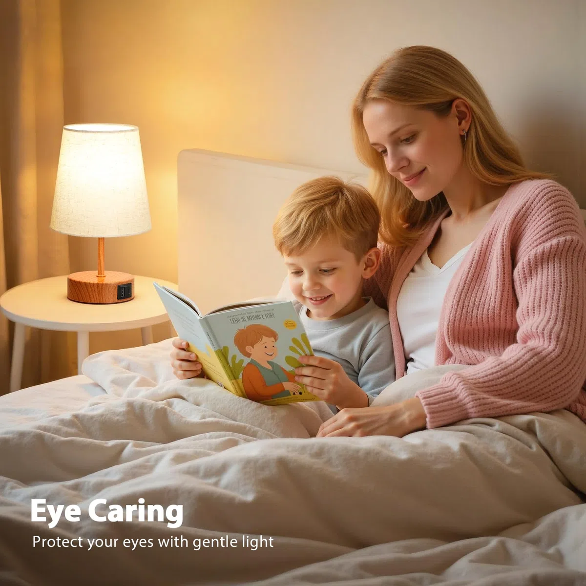 Lampada da Comodino Touch con Porte di Ricarica USB-C+A, Dimmerabile a 3 Vie, Paralume in Lino Base in Legno Scuro, Piccola Lampada da Tavolo per Camera da Letto Soggiorno Ufficio