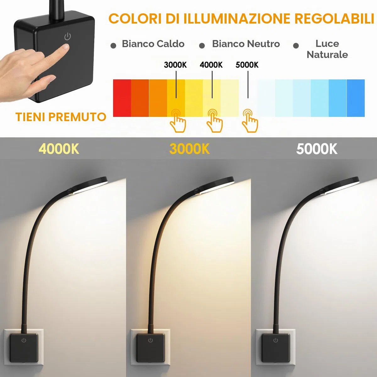 ENUOTEK Luce Notturna Lampada da Applique da Comodino LED Dimmerabile con Spina e Interruttore Tattile 4W 350Lm Luce 3000K 4000K 5000K Nessuna Funzione di Controllo Remoto Lot di 1