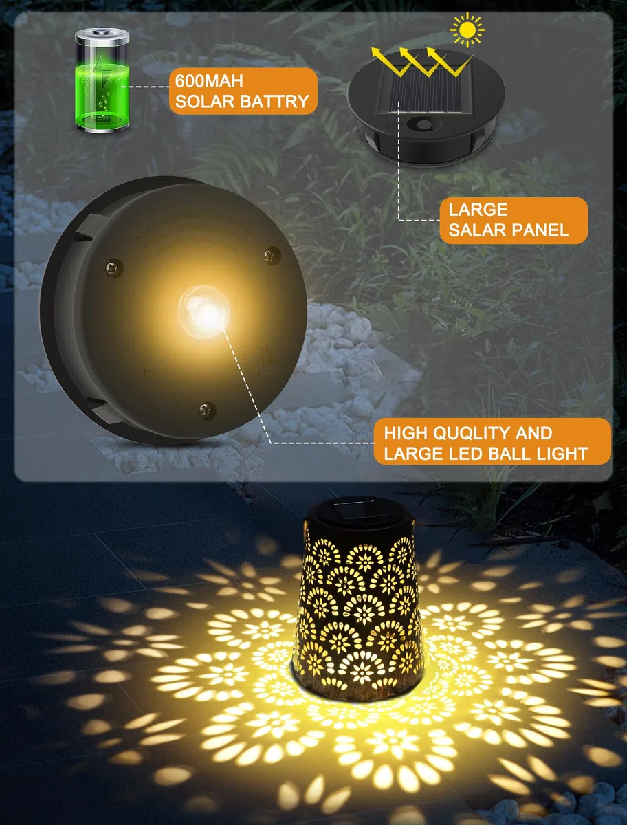 OUILA - 2 lampade solari per esterni, resistenti alle intemperie, in metallo, con protezione IP65, lampada solare decorativa a sospensione per balcone, terrazza, cortile, albero e campeggio