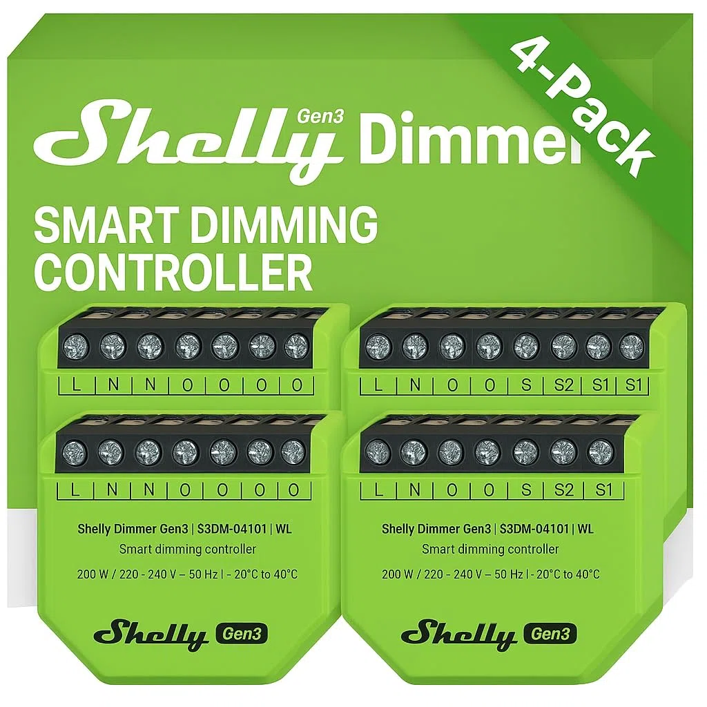 Shelly Dimmer Gen3, confezione da 4 dimmer Wi-Fi intelligenti, automazione domestica, luci dimmerabili, strisce LED, senza conduttori neutri, pianificazioni intelligenti, iOS