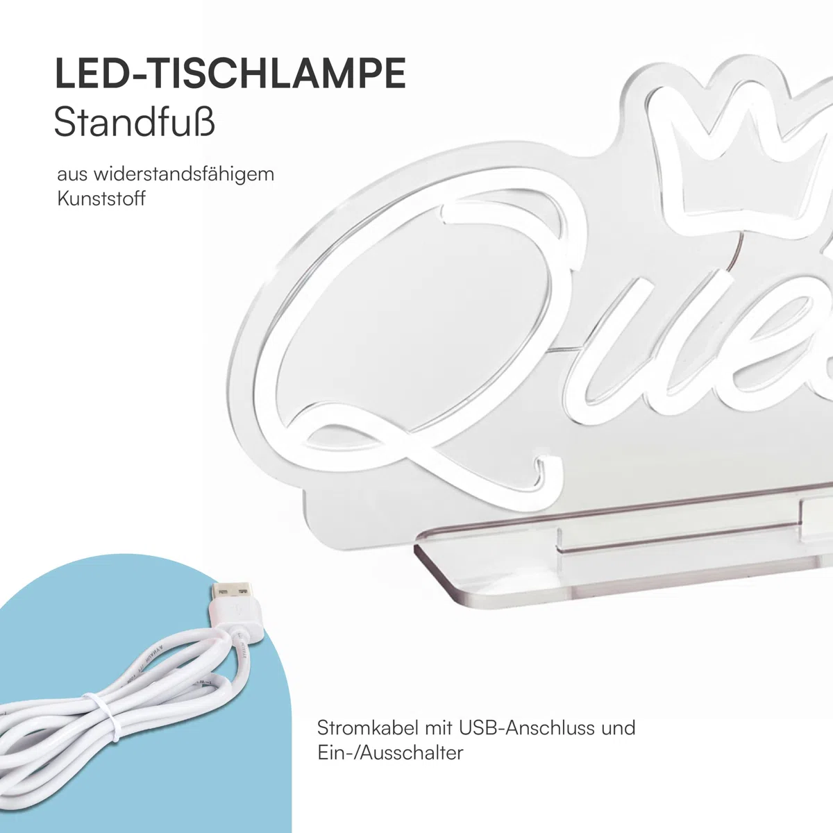 Baroni Home Lampada Queen, Lampada LED Decorativa Effetto Neon con Scritta Queen, Luce da Tavolo Rosa con Cavo USB 1,8m, Perfetta per Soggiorno, Cameretta e Atmosfera, 35x8x19 cm