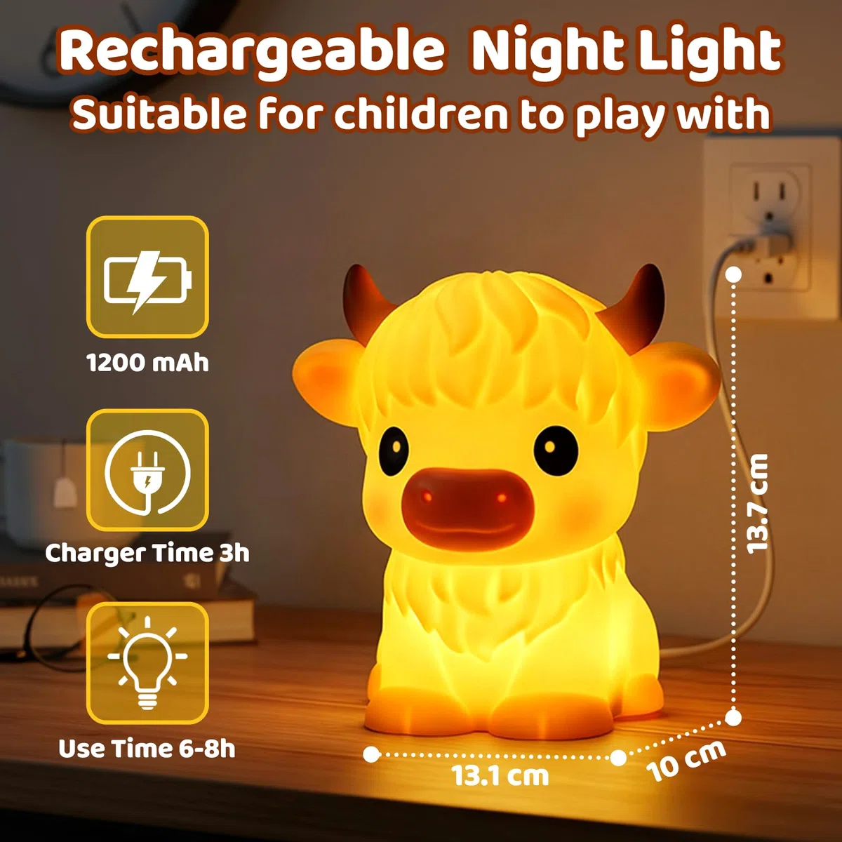 Mewaii Huggwaii, Luce notturna a forma di mucca delle Highland per bambini, dimmerabile, in silicone, a forma di mucca, con 30 timer di spegnimento automatico, decorazione carina per ragazzi e ragazze