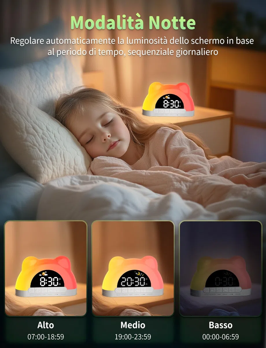 Sveglia Digitale per Bambini 12/24 Ore, Sveglia da Comodino con 11 RGB Luce, 5 Livelli di Luminosità, Doppia Modalità Giorno/Notte, per Allenamento del Sonno