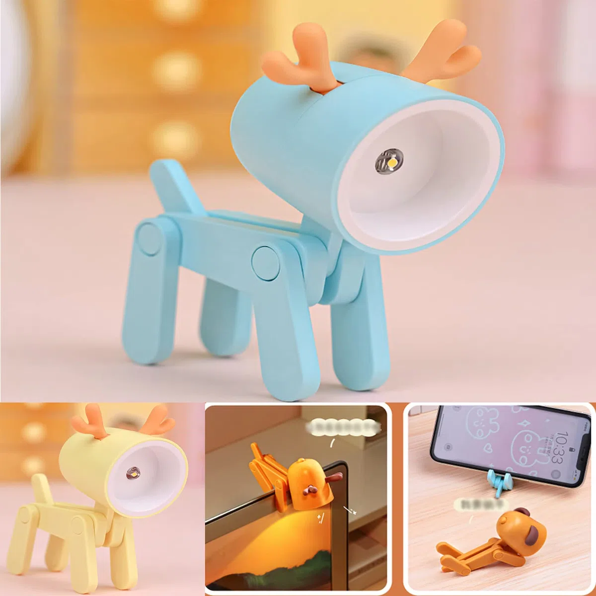 4 mini lampade da scrivania a LED con funzione di supporto per telefono, portatile, da scrivania di Natale, a forma di cane, piccola lampada da tavolo per ragazzi, ragazze, bambini, studenti.
