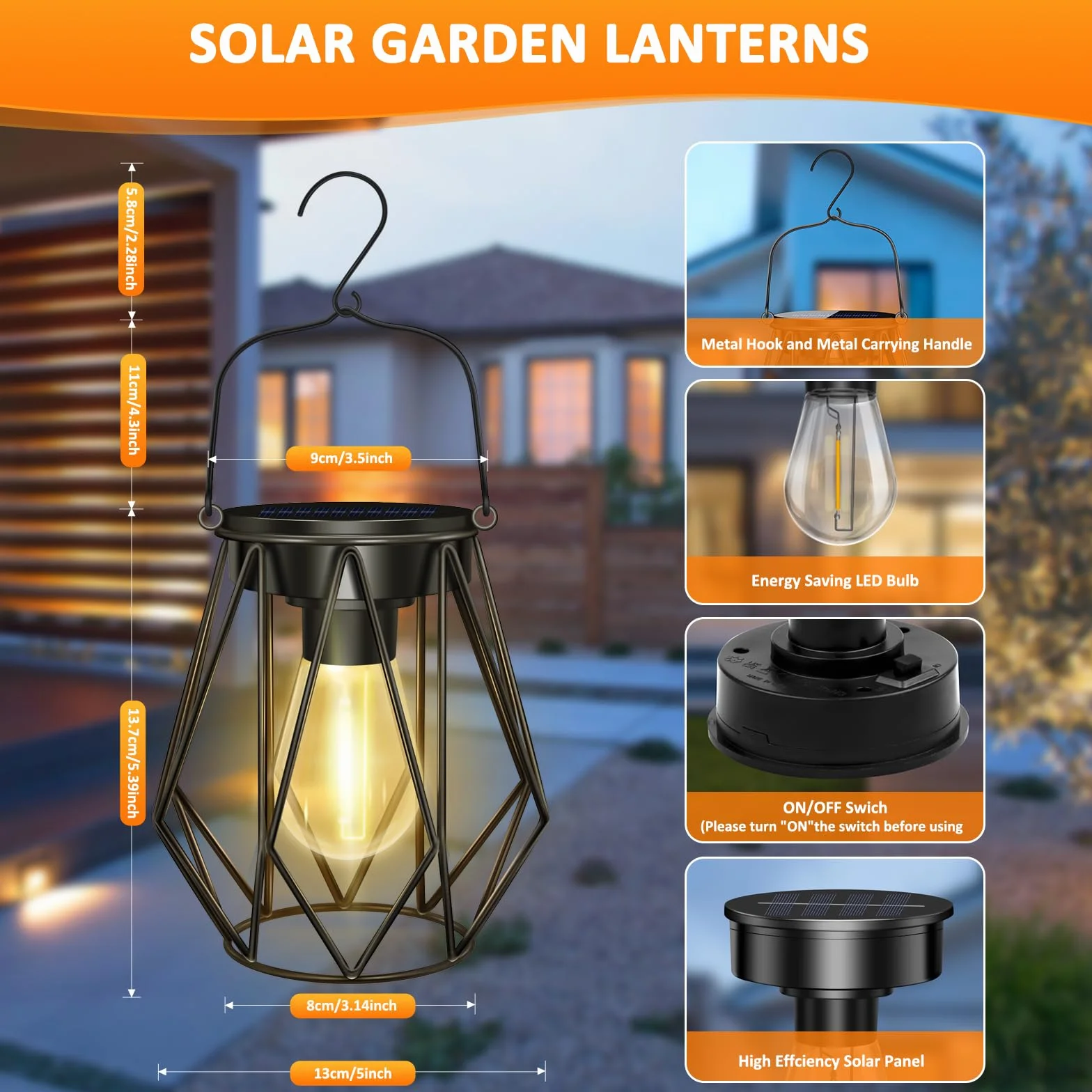2 Pezzi Lanterna Solare da Esterno, IP65 Impermeabile Metallo Lampada Solare da Giardino, Appendere/In Piedi, Retro LED Lanterne Solari da Esterno per Patio, Terrazza, Decorazione, Balcone