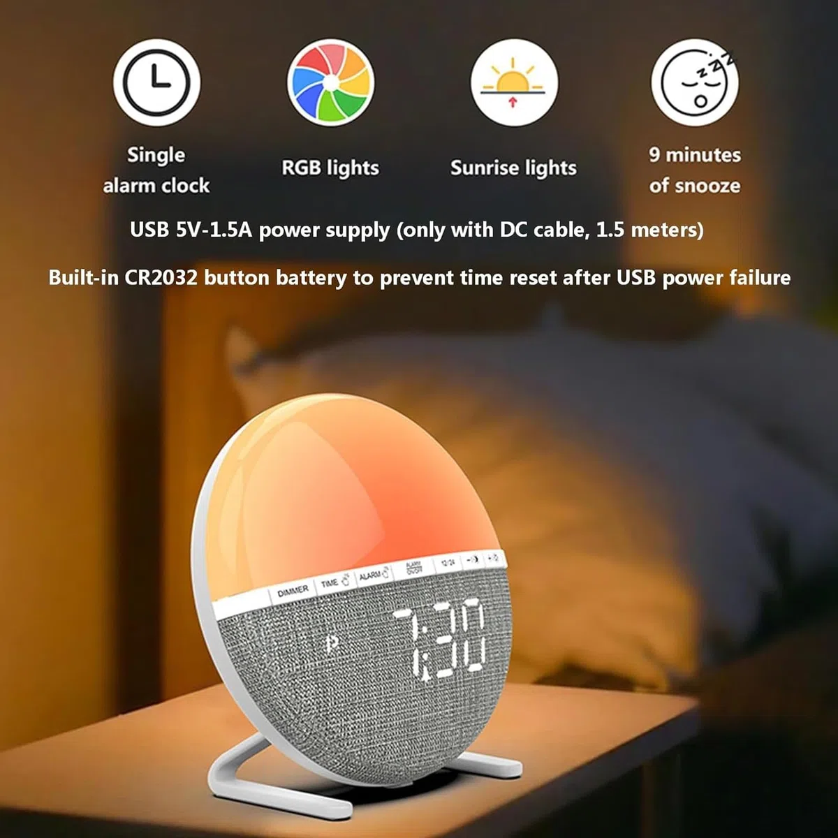 SUNOYA Sveglia con luce diurna, sveglia con luce digitale, 7 suonerie, 7 colori, lampada da comodino per camera da letto e casa
