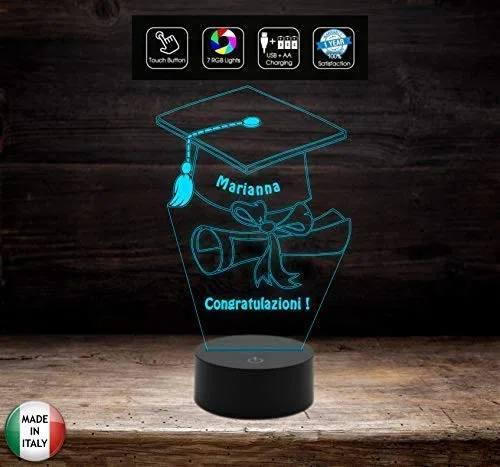 Generico Idea Regalo Laurea Lampada LED 7 Colori Tocco Personalizzabile con Nome da Scrivania in Acrilico e ABS