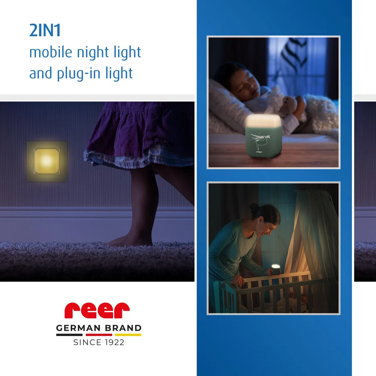 reer SleepLight 2 in 1, luce notturna per presa di corrente e con funzionamento a batteria, modalità on-off e sensore, luce d'atmosfera per bambini, eucalipto