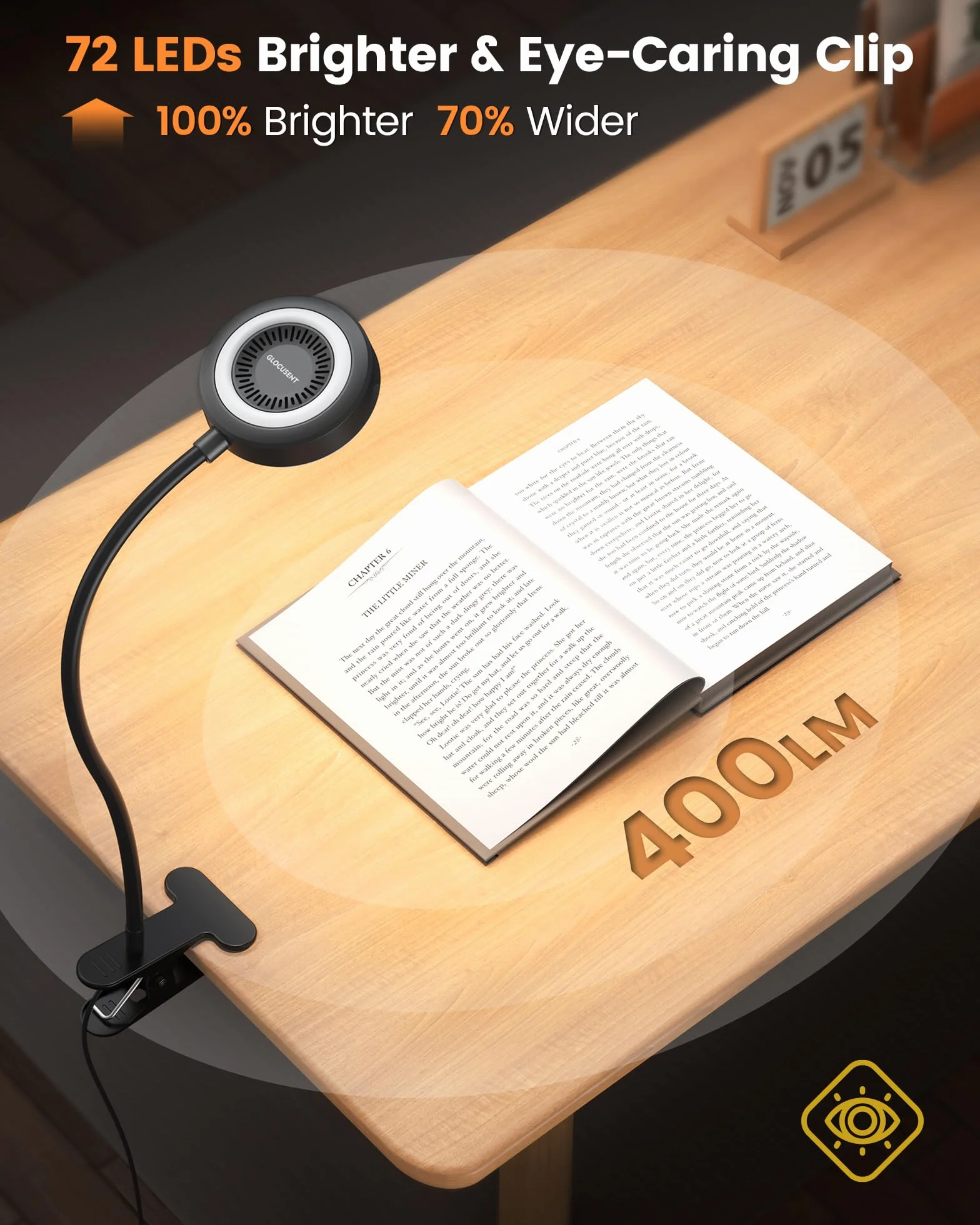 Glocusent Lampada da Lettura 72 LED, Luce da Lettura-3 Colore e 5 Luminosità, USB Lampada con Pinza con luce notturna ambra & timer 30/60 min (Nero con adattatore e telecomando)