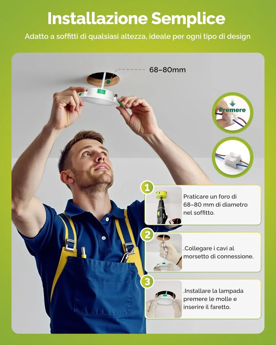 Fondiiz Faretti Led da Incasso per Cartongesso, 4W 570LM Luci da Soffitto Interno Regolabile Caldo 3000K Neutro 4500K Freddo 6000K, IP44 Faretto Risparmio Energetico per Bagno, Foro Ø68-80mm, Set di 6