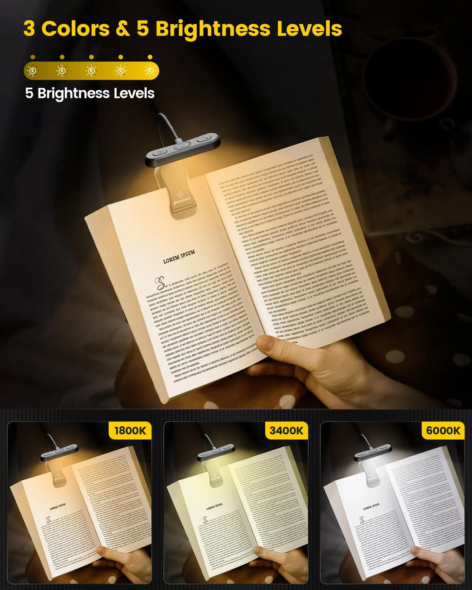 Glocusent Testa ET Orizzontale Luce per Lettura Libri a Letto, Tutela della Vista, 3 Colori & 5 Luminosità, Luce libro Ricaricabile Lunga Durata, 1,4Oz Leggera e Portatile