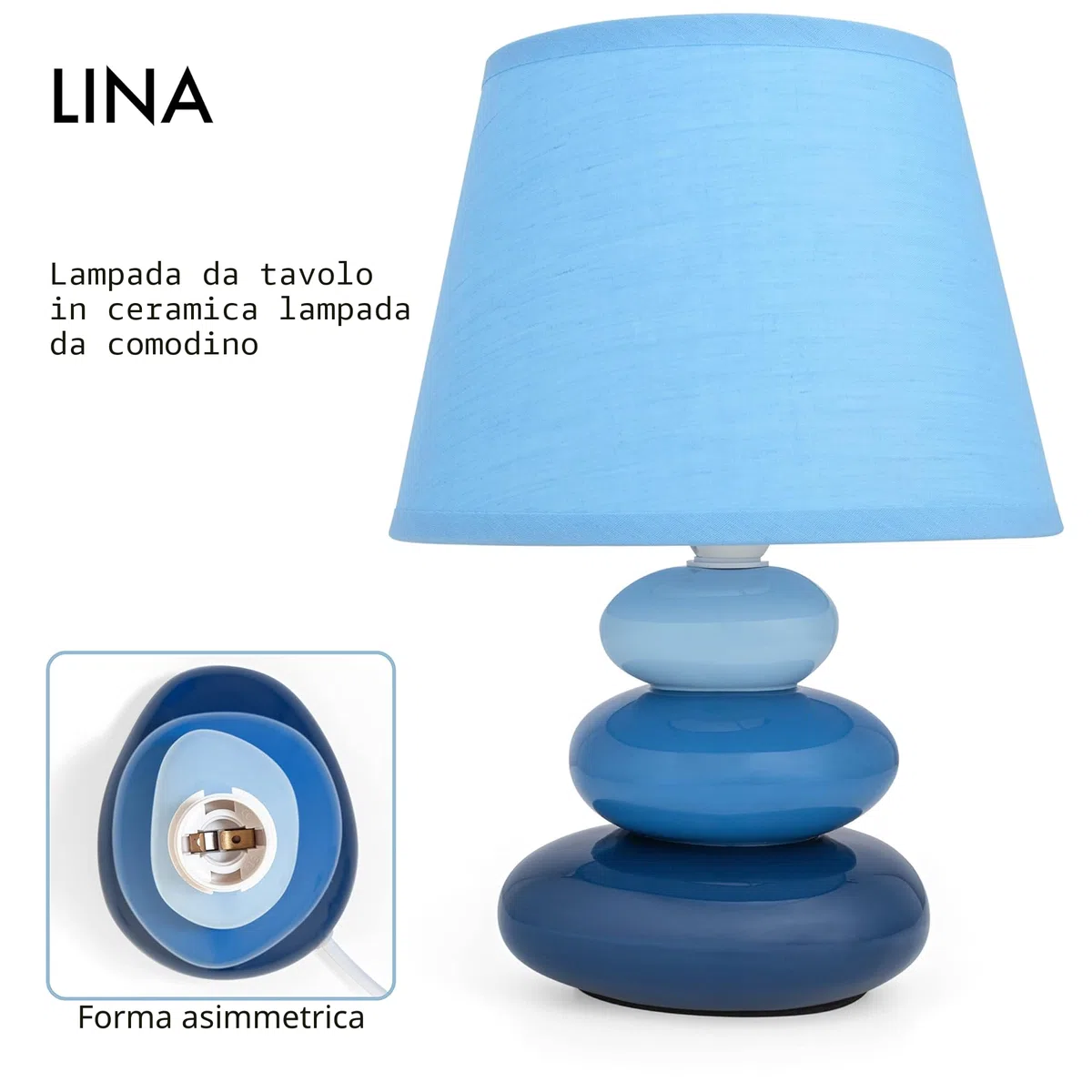 Urban Lifestyle Lampada da Comodino Lina(Blu) Lampada da Tavolo in Ceramica con Paralume in Tessuto, LED Adatto, E14, Lampada da Tavolo in Ceramica 230V, Lampada da Comodino