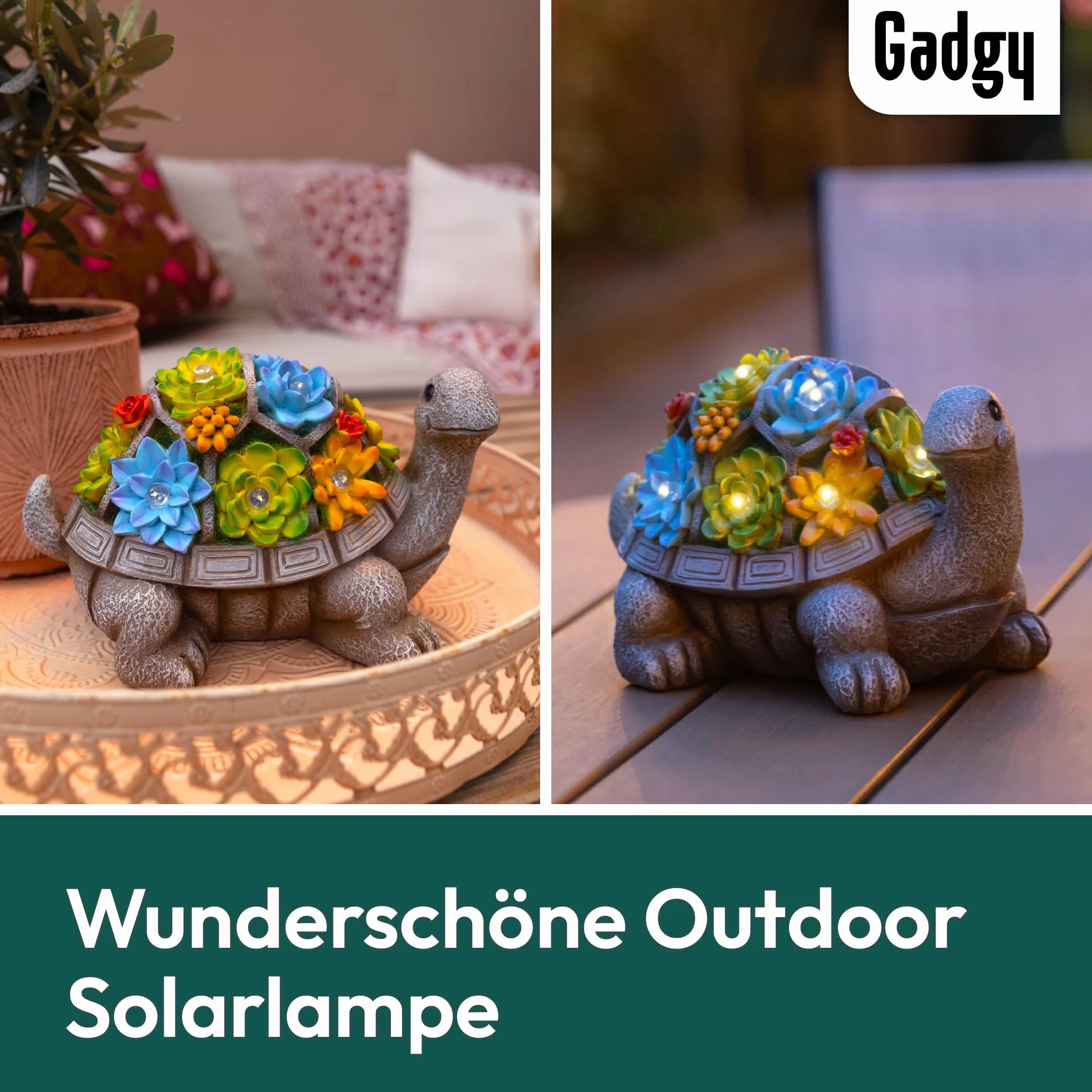 Gadgy Solar Gartenfiguren Schildkröte - Solarlampen für außen - Solarleuchte Figuren Deko mit Sukkulenten - Gartendeko für draußen - Balkon Deko Tierfigur - Gartenfigur Ornament Solarlaterne