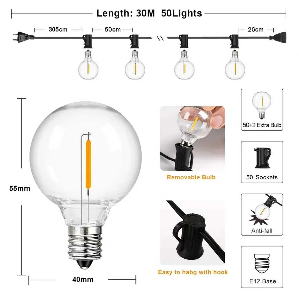 Lampade a Catena Esterno G40 30m/100FT, 50Lampadine LED +2 di Ricambio, Impermeabili IP44, Luce Calda 2200K, per Giardino Terrazzo Feste (30M/100FT, 52)