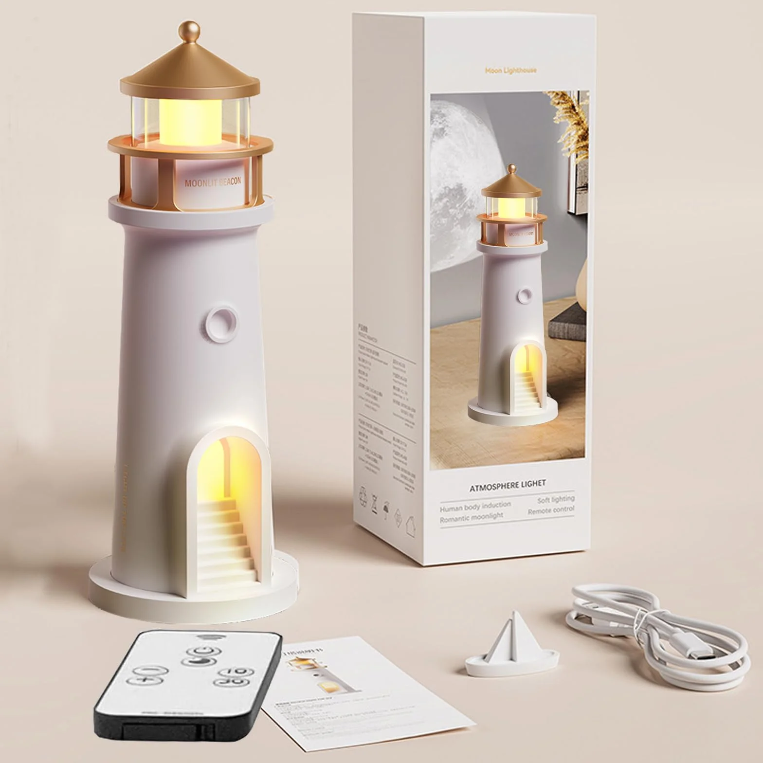 YOUYIKE Luce di Proiezione Lunare, Lampada da tavolo a forma di faro, proiettore di luce notturna, faro con proiezione lunare, Luce Notturna a LED, per Camera da Letto