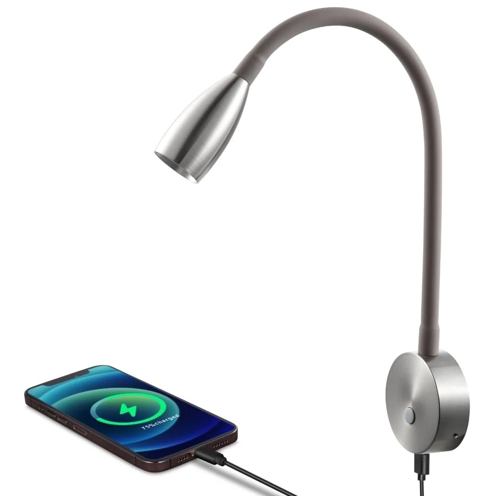 acegoo Lampada da Lettura 12V Camper Caravan LED Dimmerabile 3200K DC12-24V con Caricatore Rapido USB, Flessibile e Collo D'Oca per Furgone Barca Camion Illuminazione Interna (Nichel Spazzolato)