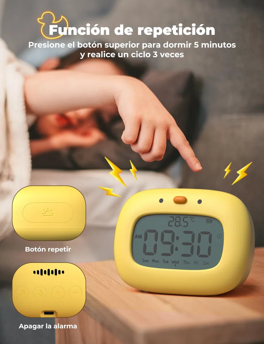 YISSVIC Sveglia per bambini, sveglia da mattina digitale, 3 allarmi/12/24 ore/Snooze/Timer/Display della settimana, Tipo C, ricaricabile, per bambini adulti, forma anatra