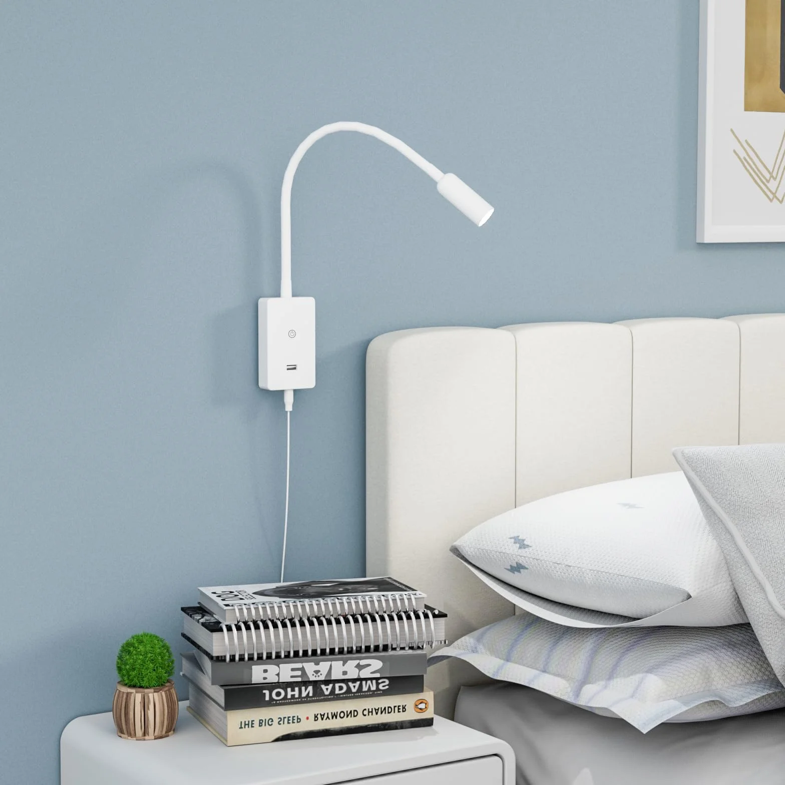 ENUOTEK Lampada da Lettura a Luce Dimmerabile a LED, Applique Lettura Letto LED 4000K Bianca Neutra, Lampada da Lettura a Collo di Cigno da 4W, Lampada da Letto con Porta di Ricarica USB da 2A