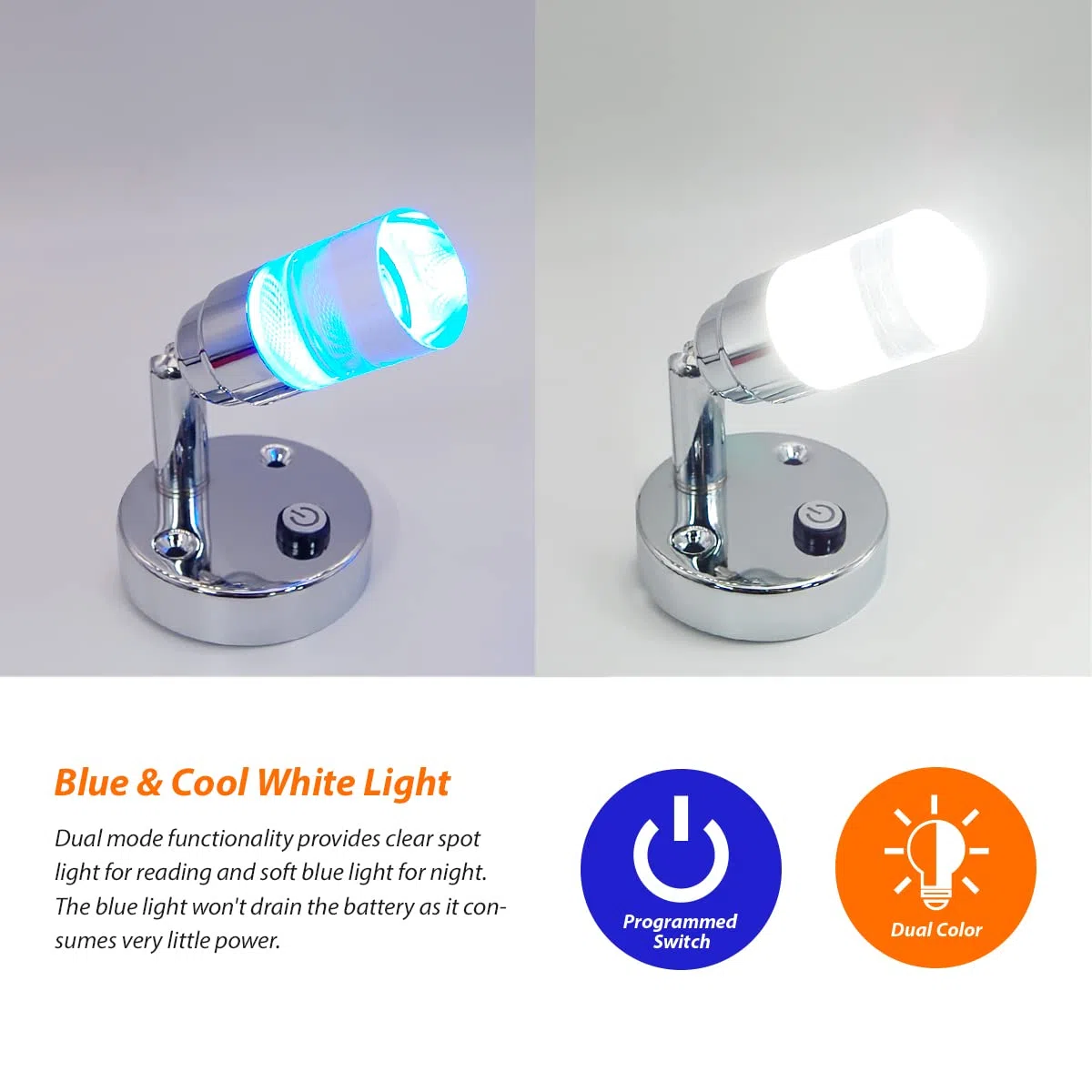 Dream Lighting Faretti LED 12v Camper Interni Luce da Lecture Moderna Acrilico Trasparente e Lega Lucidata Bicolore blu e Bianco Freddo