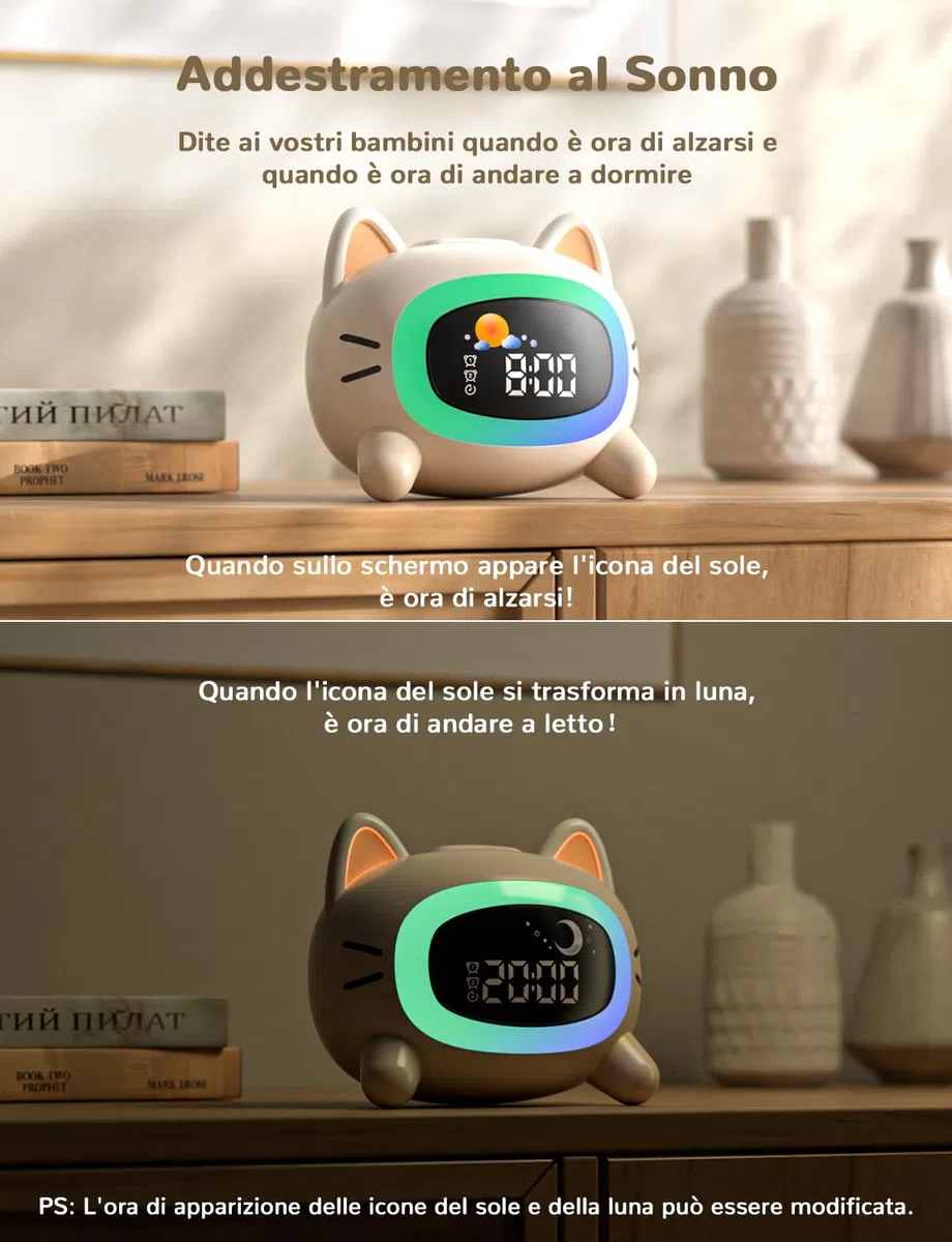 LIORQUE Sveglia per bambini, Sveglia da Comodino con Luce Notturna, Macchina Rumore Bianco, Doppia Allarme, Modalità Weekend, Sveglia Ricaricabile per Allenamento del Sonno Per i Bambini (Gatto)