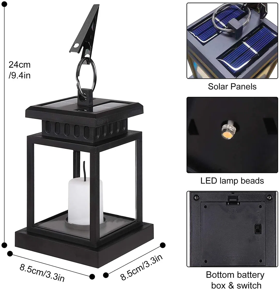 4 lanterne solari per esterni con candela a LED, lanterna solare a LED, per esterni, da appendere, effetto tremolante, lanterna solare a LED con candele, lampade decorative per giardino, terrazza