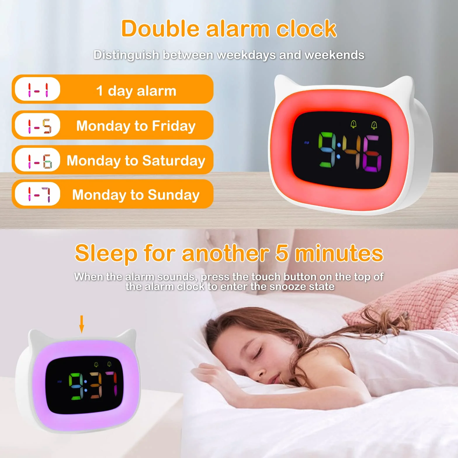 Seutgjie Sveglia Bambini, Sveglia da Comodino Bambini Ricaricabile Intelligente con RGB Luce per Ragazza Ragazzi Adolescenti 18 suonerie doppia sveglia modalità snooze 12/24 ore Bianco