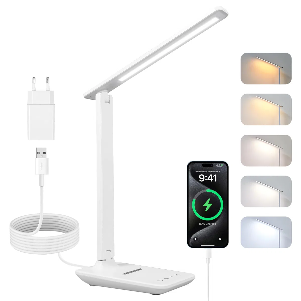 Carehabi Lampada da scrivania a LED, dimmerabile, lampada da tavolo a LED con 5 colori e 5 livelli di luminosità, lampada da lettura con porta di ricarica USB, controllo touch per bambini