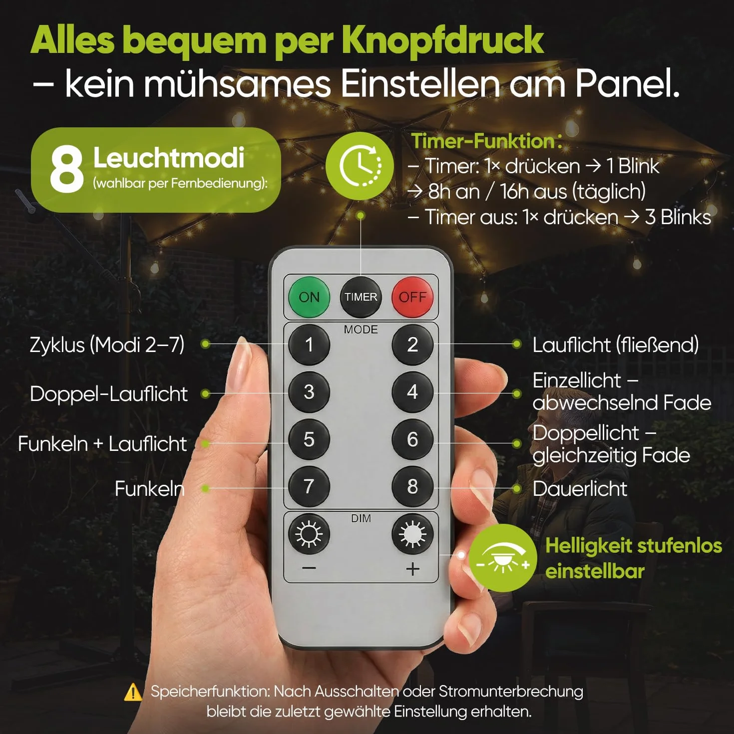 Sekey Luci per Ombrellone da Esterno Solare con 136 LED & 8 Lampadine, Catena di Luci per Ombrellone, Valida anche per Ombrellone Decentrato, 8 Modi + Telecomando, per Terrazzo Spiaggia