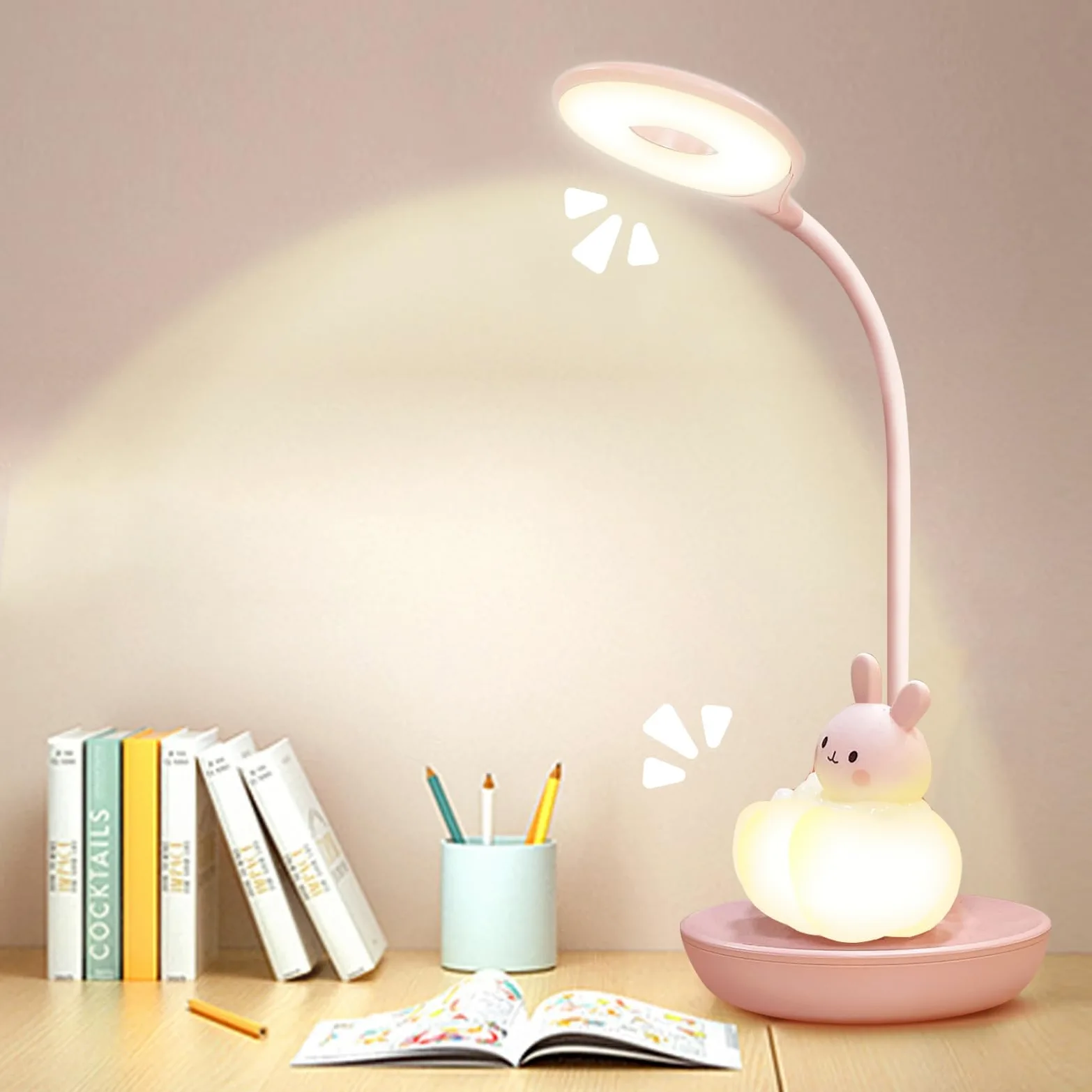 Lampada da Scrivania Bambina, Led Lampada da Tavolo 5 Luminosità 3 Modalità, Lampada Lettura Bambini Ricaricabile, Luce da Tavolo Bambini Senza Fili, Lampada da Scrivania Ragazza, Coniglio Rosa