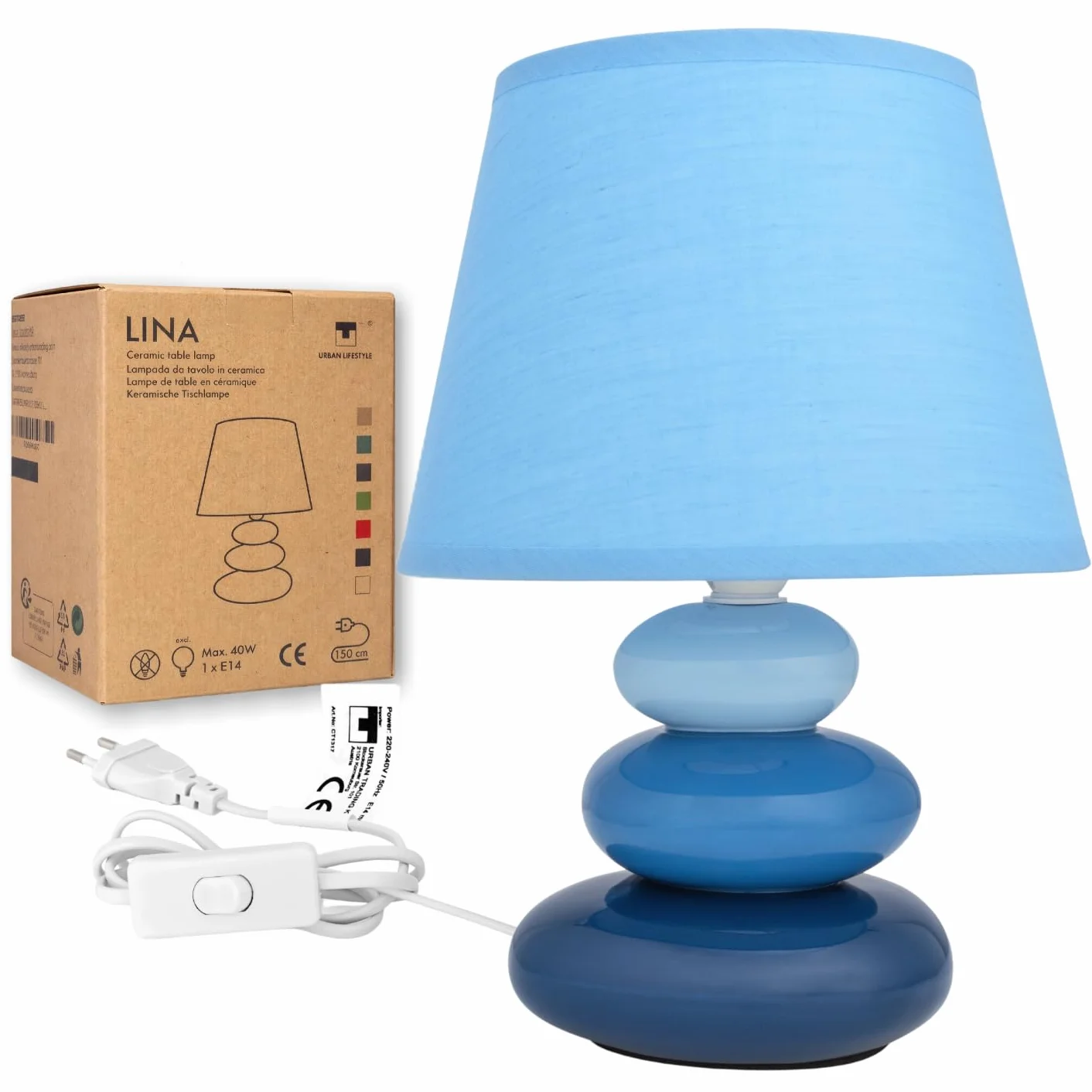 Urban Lifestyle Lampada da Comodino Lina(Blu) Lampada da Tavolo in Ceramica con Paralume in Tessuto, LED Adatto, E14, Lampada da Tavolo in Ceramica 230V, Lampada da Comodino