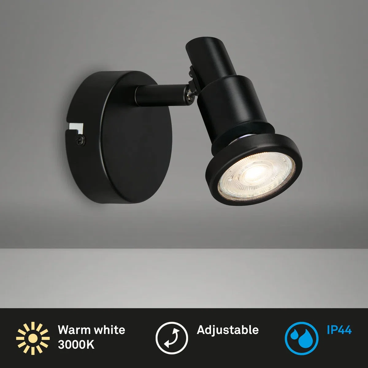 BRILONER- Lampada da parete a LED bagno, regolabile, Lampada da parete a LED bagno, IP44, colore luce bianca calda, GU10, nero, 80x106 (DxH)