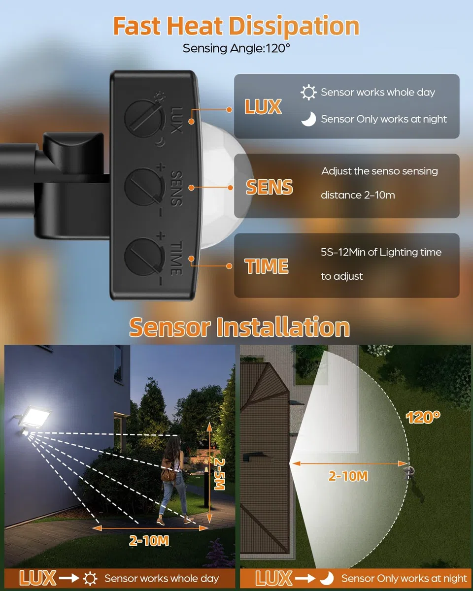 50W 5000LM Faretto LED da Esterno con Sensore di Movimento 1 Pezzi, 6500K Bianco Freddo Impermeabile IP67 Faretto Faro LED Esterno con Sensore Movimento per Cortile, Giardino