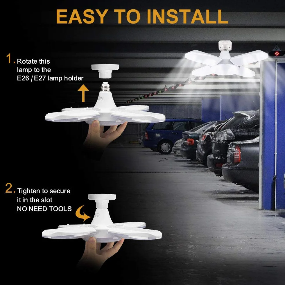 Plafoniera Led Soffitto Garage, E27/E26 80W 8000LM Lampada da Negozio Deformabile con 4 Pannelli Regolabili Plafoniera LED per Garage, Magazzino, Officina, Cantina, Palestra, Cucina
