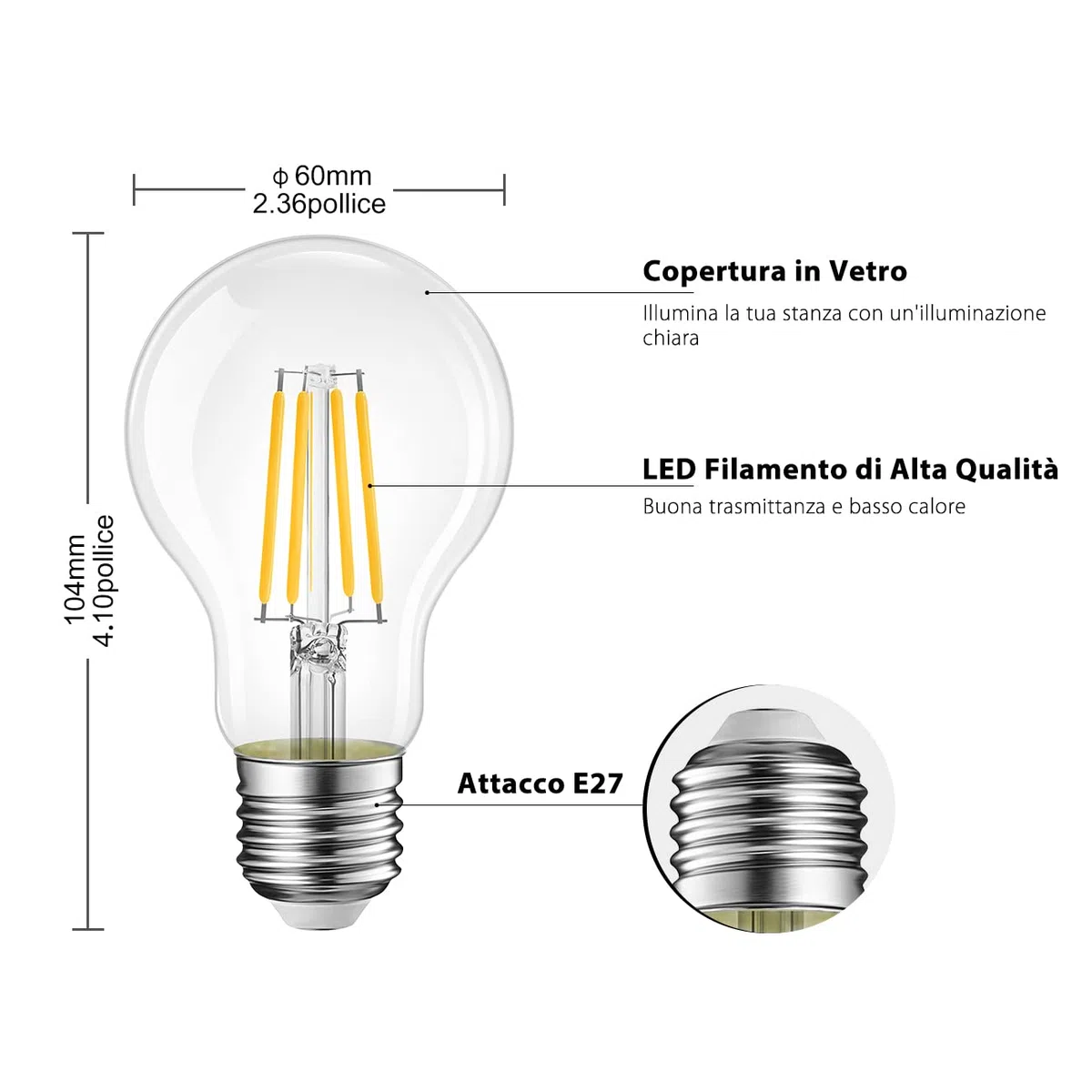 LVWIT Lampadine LED E27 Luce Calda 2700K, Lampadina 11W Equivalenti a 100W, 1521LM, Lampadina LED Filamento A60 Stile Vintage Retrò, Risparmio Energetico, Non Dimmerabile, Pacco da 6 Unità